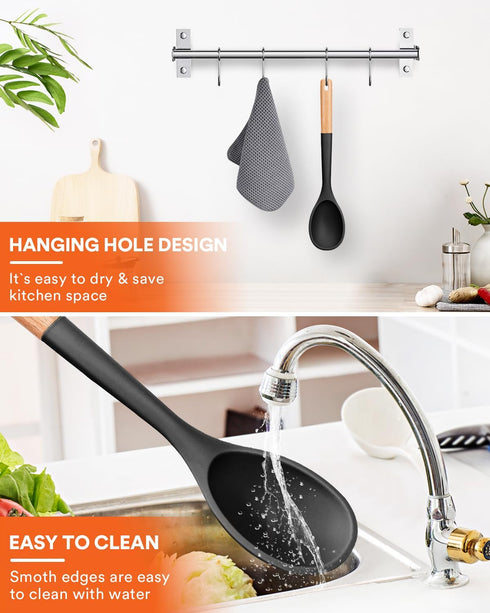 Large Silicone Cooking Spoons, Nonstick Solid Wooden Handle Spoon, Heat Resistan Silicone Kitchen Spoons for Cooking, Serving, Basting, Mixing, 13...