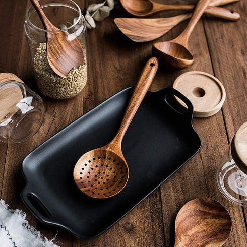 DDJSJ Teak Kitchen Utensils,Colander Ladle Skimmer Scoop Kitchenware Scoop Dipping Big Wooden Rice Long Handle Natural Utensils Handcrafted Cutler...
