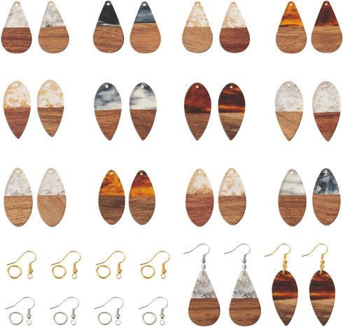 FASHEWELRY Resin Wood Earring Kit with 24Pcs Teardrop Wooden Resin Earring Charms Wood Earring Blanks Earring Findings Open Jump Rings French Earr...