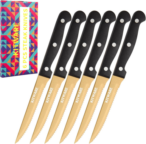 KITWARE Gold Steak Knives Set of 6 pcs with Gift Box, 4.5 inch Stainless Steel Steak sets, Serrated Edge Metal Knife Sets for Dinner Table, Knife ...