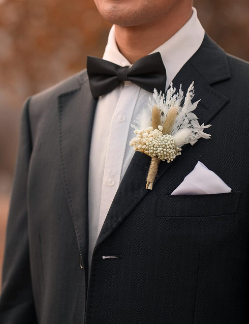 Dried Flowers Boutonnieres Set of 2 for Men Boho Fall Wedding Grooms Buttonhole Rustic Best Man Pampas Grass Dry Flower Decoration (Beige)...