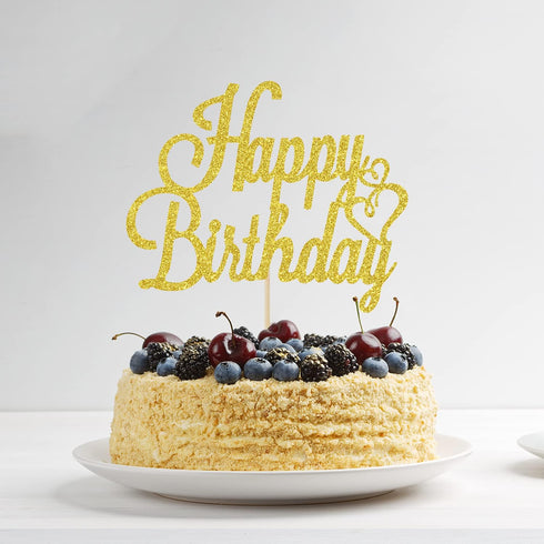 Happy Birthday Cake Topper Gold Glitter Happy Birthday Cake Pick for Celebrating Birth day Anniversary Party Decorations Supplies for Women Men Bo...