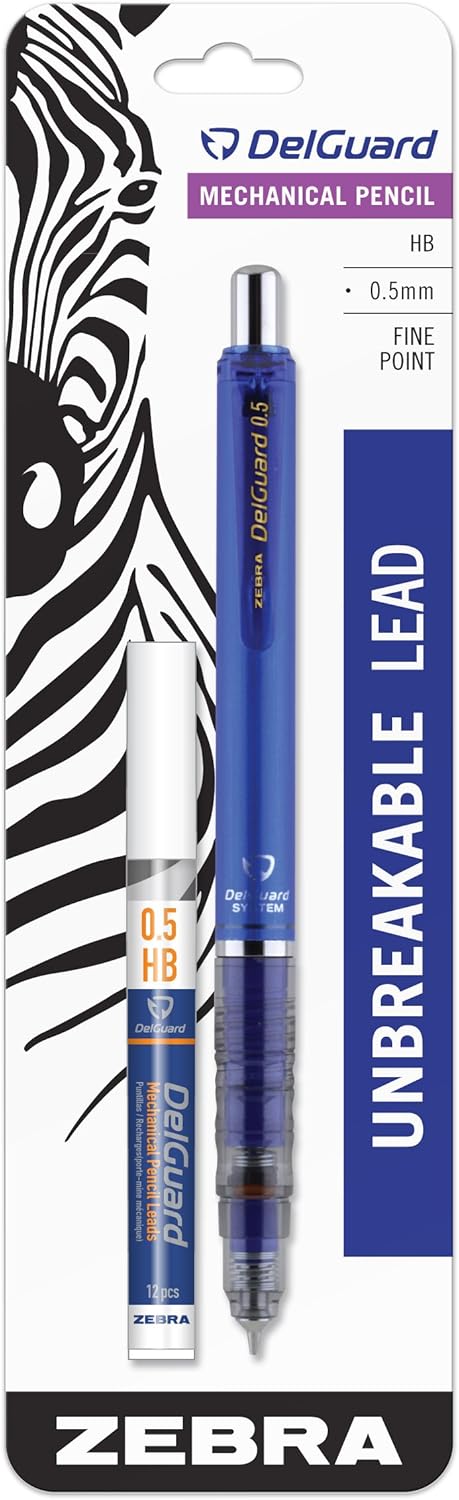 Zebra Pen DelGuard Mechanical Pencil with Lead Refill, Fine Point, 0.5mm, Blue Barrel, Standard #2 HB Lead, Refillable, 1-Pack...