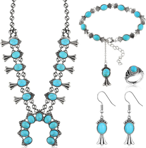 Henoyso 4 Pcs Bohemian Squash Blossom Turquoise Western Jewelry Set Vintage Metal Howlite Necklace Earrings Wrist Chain Ring for Women (Blue Turqu...