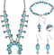 Henoyso 4 Pcs Bohemian Squash Blossom Turquoise Western Jewelry Set Vintage Metal Howlite Necklace Earrings Wrist Chain Ring for Women (Blue Turqu...