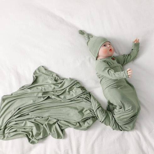 Large Rayon Jersey Knitted Swaddle Blanket for Baby, Soft Stretchy Receiving Blanket for Newborns with Hat, Large 47 x 47 inches (Sage)...