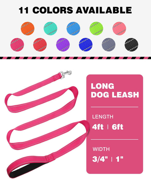 6ft Dog Leash for Small Medium Large Dogs | One-Sided Reflective Nylon | Padded Handle | 1 inch Wide | Hot Pink...