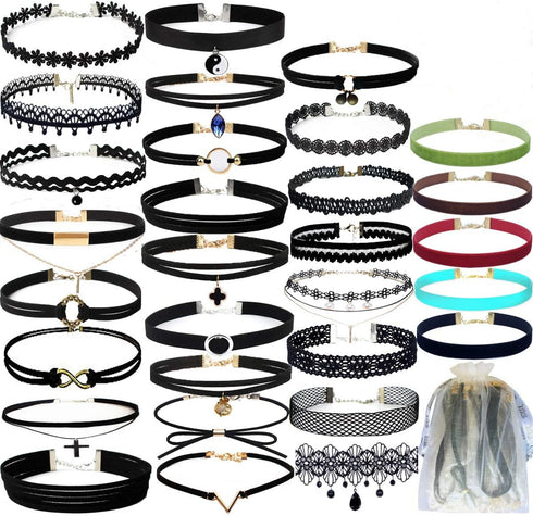 30 PCS Black Choker Necklaces Set for Teen Girls and Women Velvet Choker Necklaces Set Lace Henna Tattoo Choker Ribbon Charm Stretch Necklace Chir...