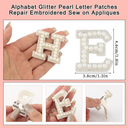 52 Pcs Pearl Letter Patches, Self Adhesive A-Z Glitter Alphabet Patches Bling Rhinestone Letter Patches with Rhinestone Sticker for Craft Bags Hat...