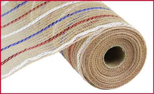 Metallic Jute Stripe Deco Poly Mesh Ribbon - 10.5" x 10 yards (Red, White, Blue, Natural)...