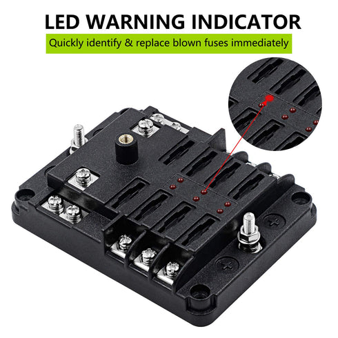 6 Way Fuse Block W/Negative Bus - ATC/ATO 6 Circuit Fuse Box with Ground, with Negative Bus & Protection Cover, Bolt Connect Terminals, 70 pcs Sti...