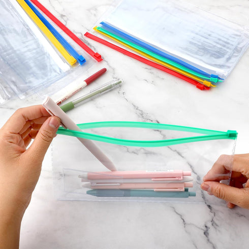 10 Pack Plastic Zip Envelope A6 Size Zipper Pouch with Label Pocket Assorted Clear Pencil Case Waterproof Transparent Cash Envelopes for Office Lo...
