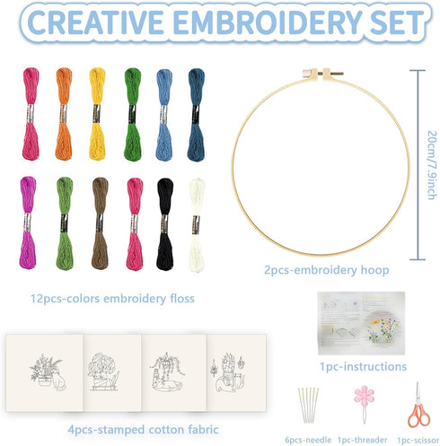 FREEBLOSS 4 Set 8inch Embroidery Kit for Beginners Learn Embroidery Stitches Kit Cross Stitch Kits Embroidery Starter Kit includes 2 Embroidery Ho...