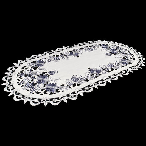 Embroidered Delft Blue Onion Flower Table Runner, Dresser Scarf Doily (14Wx27L)...
