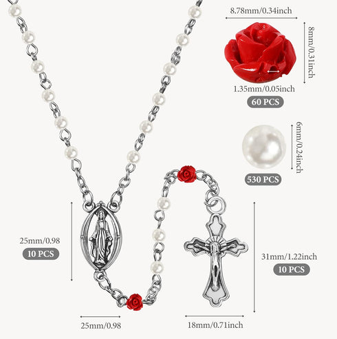 610 Pcs Rosary Pearl Beads Carved Rose Beads Rosary Cross Centerpiece Crucifix Medal, Rosary Making Supplies Silver Jesus Maria Pendant for Rosary...