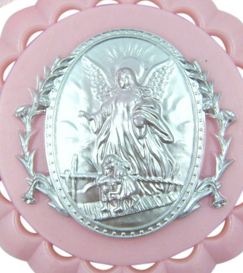 Moulded Acrylic Pink Crib Medal with Guardian Angel for Baby Girl Nursery Decor, 3 1/2 Inch...