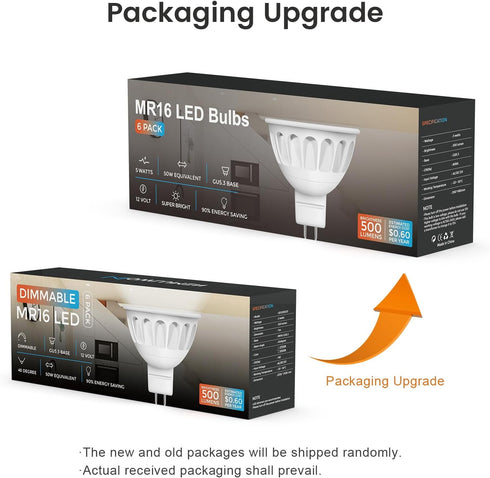 MR16 LED Bulb Dimmable 6 Pack,50W Halogen Replacement, 2700K Warm White GU5.3 Bi-Pin Base,40-Degree Narrow Beam Angle,5W 12V AC DC Indoor Outdoor ...
