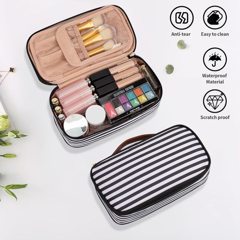 OCHEAL Small Cosmetic Bag,Portable Cute Travel Makeup Bag for Women and girls Makeup Brush Organizer cosmetics Pouch Bags-Black/White Stripes...