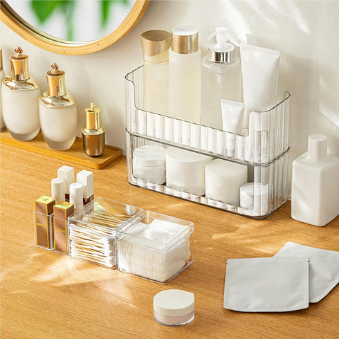 LINFIDITE Stackable Makeup Organizer Tray 2 Pack Clear Vanity Organizer, Cosmetic Display Case with 4 Removable Dividers 2 Lipgloss Holders 2 Cott...