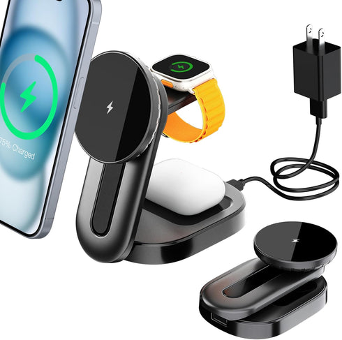 KPON 3 in 1 Wireless Charging Station for Apple Mag-Safe, Magnetic Wireless Charger Stand Foldable for Multiple Devices,Travel Charging Dock for i...