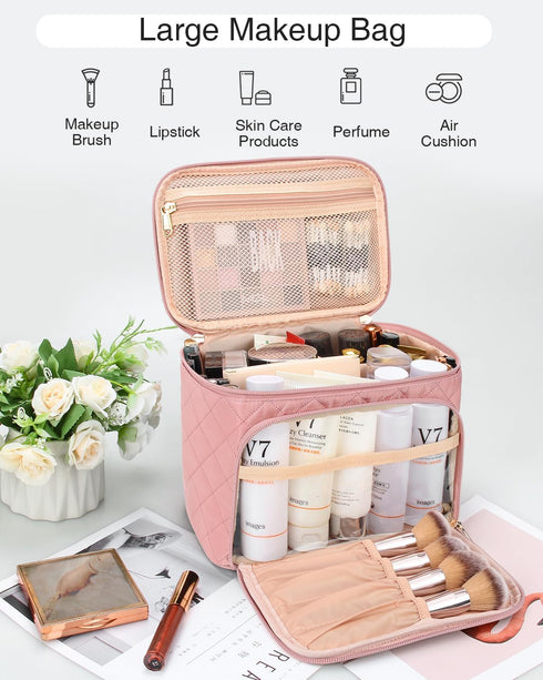 Relavel Makeup Bag, Large Makeup Bag Organizer, Travel Cosmetic Bag with Adjustable Dividers for Women, Washable Train Case with Makeup Brush Hold...