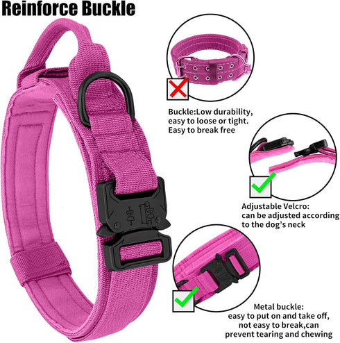 Tactical Dog Collar Heavy Duty Metal Buckle with Handle for Dog Training (Pink, M)...