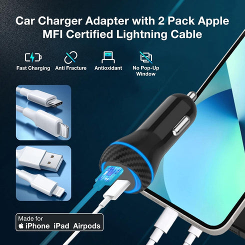 MOCA for iPhone 51W Fast Charger, USB C Dual Ports W/ 2pcs 3.3ft A-P/C-P Cable Car Charger Adapter for iPhone 13 12 11 Pro/XS/XR/SE/X 8/iPad/AirPo...