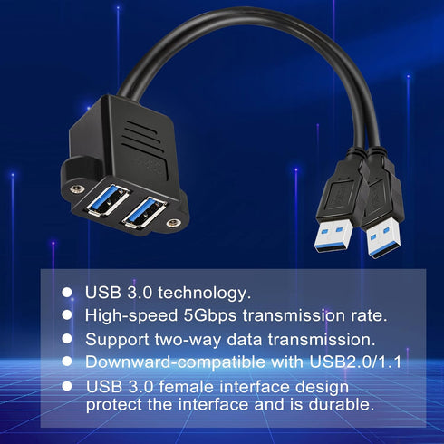 GINTOOYUN Dual USB 3.0 Cable with Panel Mount Screw Hole, 2 Ports USB 3.0 Male to Female Extension Cable, Suitable for Family, Classroom, Office, ...