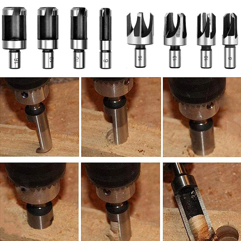Wood Plug Cutter Drill Bit Set with 3/8 Round Shank Woodworking Chamfer Drill Bits Straight and Tapered Taper 5/8" 1/2" 3/8" 1/4" Cutting Tool, 8P...