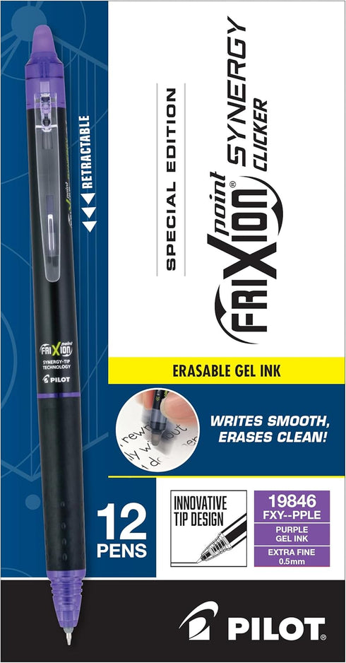 PILOT, FriXion Synergy Clicker Erasable, Refillable, Retractable Gel Ink Pens, Extra Fine Point 0.5 mm, Pack of 12, Purple Ink...