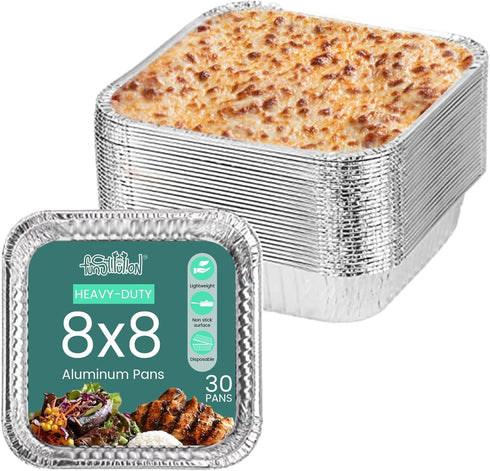 FUNSTITUTION Aluminum Foil Pans 8x8 Inches (30 Pack) - Tin Foil Pans with High Heat Conductivity - Disposable Aluminum Tray Cookware For Baking, G...