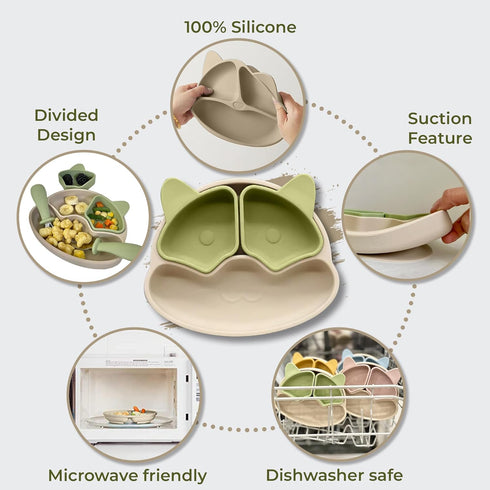 Silicone Divided Plate with Spoon & Fork for Babies/Toddlers, Plate with 2 Removable Trays, Utensils with Travel Case, BPA-Free, Non-Toxic, Strong...