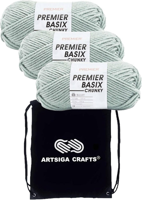 Premier Basix Chunky Knitting Yarn Jade 1145-30 (3-Pack) Same Dye Lot Chunky Bulky #5 Soft 100% Acrylic Bundle with 1 Artsiga Craft Bag...