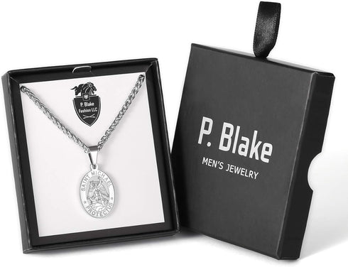 P. BLAKE Oval Saint Christopher/Michael/Joseph/Jude/Virgin Mary/Joseph/Francis/Patrick/Anthony/Benedict/Thomas Necklace for Men Women, Stainless S...