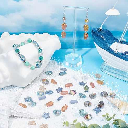 SUNNYCLUE 1 Box 120Pcs Sea Glass Beads Glass Fish Beads Starfish Shell Beads Ocean Summer Hawaii Sea Animal Beads Electroplate Glass Bead Seashell...
