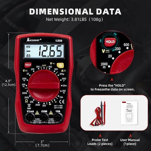 Digital Multimeter, Lesehiy Voltage Tester with AC DC Voltmeter & Ohm Volt Amp Tester, Multifunction Battery Tester, Pocket Meter with Backlight T...