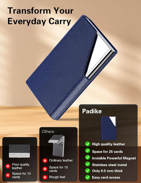 Padike Business Card Holder, Upgraded Leather Business Card Case Pocket Card Holders for Men or Women, Metal Slim Name Card Holder RFID Blocking B...