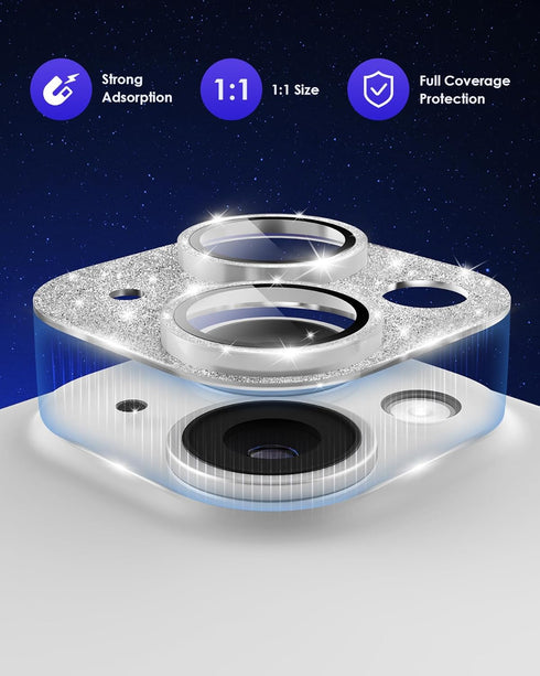 for iPhone 15 Plus/iPhone 15 Camera Lens Protector Glitter Plus Aluminium Alloy Ring 9H Tempered Glass Screen Case Friendly Camera Cover for iPhon...