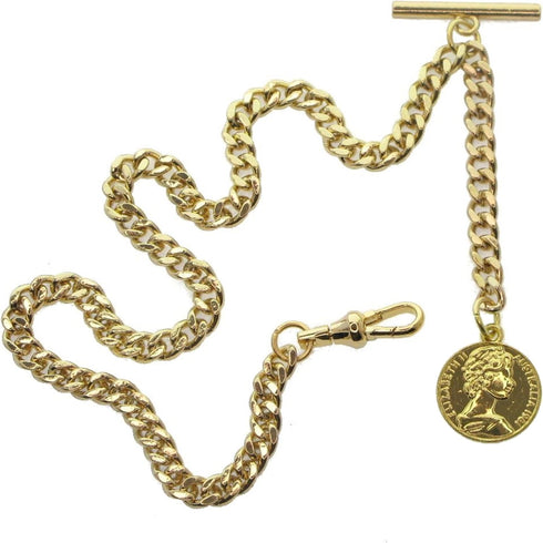 Albert Chain Gold Tone Pocket Watch Chain Vest Chain for Men Fob T Bar with Swivel Clasp with Queen Design Medal Fob Charm AC79A...