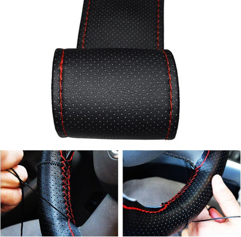 Leather Steering Wheel Cover, 15 inch Car Steering Wheel Stitch On Wrap with DIY Sewing Needles Thread, M Size (Black), HEADERBS56S7PERQZW-11...