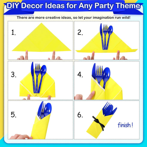 Domensi 24 Set Yellow Cartoon Theme Party Plastic Cutlery Set Include Blue Disposable Plastic Spoons Forks Knives Yellow Paper Napkins Satin Ribbo...
