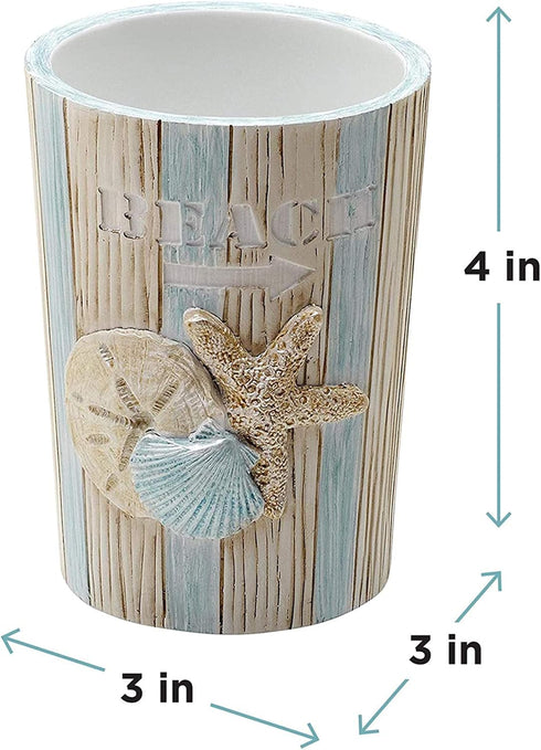 Zenna Home Seaside Serenity Bathroom Tumbler with Carved Resin Design, Cotton Swab Holder or Jewelry Holder for Bathroom Decor with Hand-Painted S...