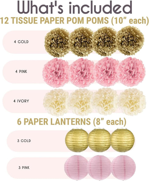 EpiqueOne 22-Piece Tissue Paper Pom Poms Party Set - Pink, Gold & Ivory | Includes 12 Pom Poms, 6 Paper Lanterns, 3 Honeycomb Balls & 1 6.5 ft. Ga...