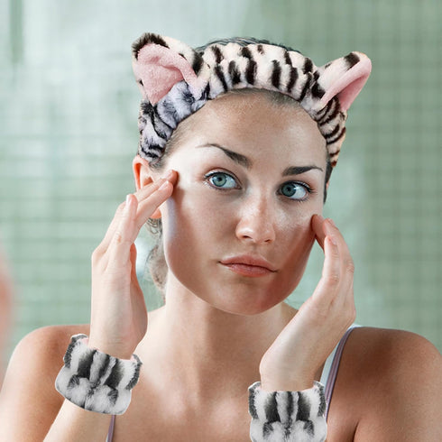 Soft and Comfy Face Wash Headband and Wristband Set | Spa Headband for Washing Face | Cute Tiger Design | 3-Piece Set Skincare Headbands Hair Band...