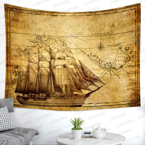 F-FUN SOUL Pirate Treasure Map Sailing Ship Drawing Tapestry, Large 80x60inches Soft Flannel, Old Ancient Pattern Wall Hanging Tapestries for Livi...