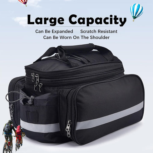 Oversized Rear Bike Rack Bag with Rain Sleeves, 27L Multi-Compartment Mountain Bike Saddle Bag with Reflective Tape, Waterproof Bike Trunk Storage...
