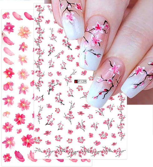 Cherry Blossom Nail Art Stickers, 3D Pink Flowers Nail Self-Adhesive Sticker Deisgns, Spring Red Plum Peach Leaf Dry Floral Nail Art Decals Suppli...