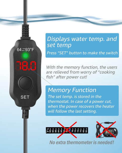 Fumak 25W Adjustable Aquarium Heater Super Short Submersible Fish Tank Heater Fish Heater with LED Digital Display Thermostat, for Tanks 3-5 Gallo...