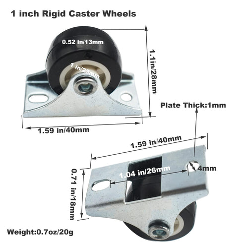 Floyutin 1 inch Rigid No-Swivel Plate Casters Small Rubber Wheels for Furniture and Workbench 6 Packs(Free Screws), Black (PVC)...