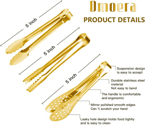12 Pack Gold Premium Small Serving Tongs, Dmoera Mini Stainless Steel Appetizer Tongs, 5 Inch(12.7cm)...
